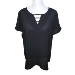 APT.9 V-Neck Blouse Short Sleeve Popover Top Black Women's Size L